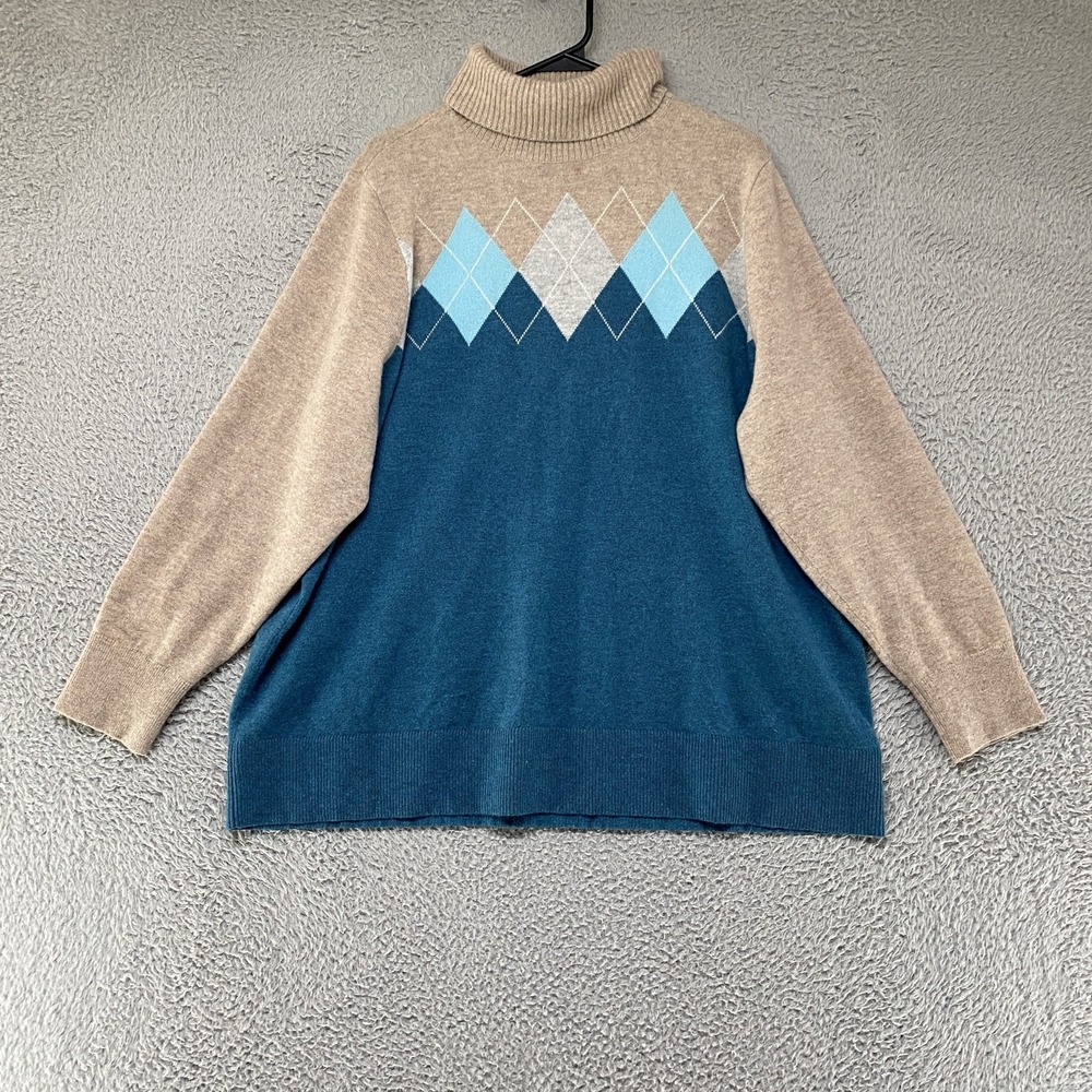 Lands End 100% Cashmere Sweater Womens 2X Plus Argyle Turtleneck Teal Blue